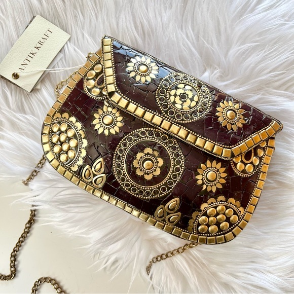 Anthropologie Handbags - Anthro Antik Kraft Amoli Wine/Gold Brass Mosaic Hard Shell Crossbody Clutch